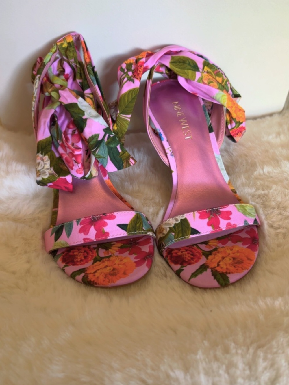 Nine West Pink Floral Tie-Ankle Heels